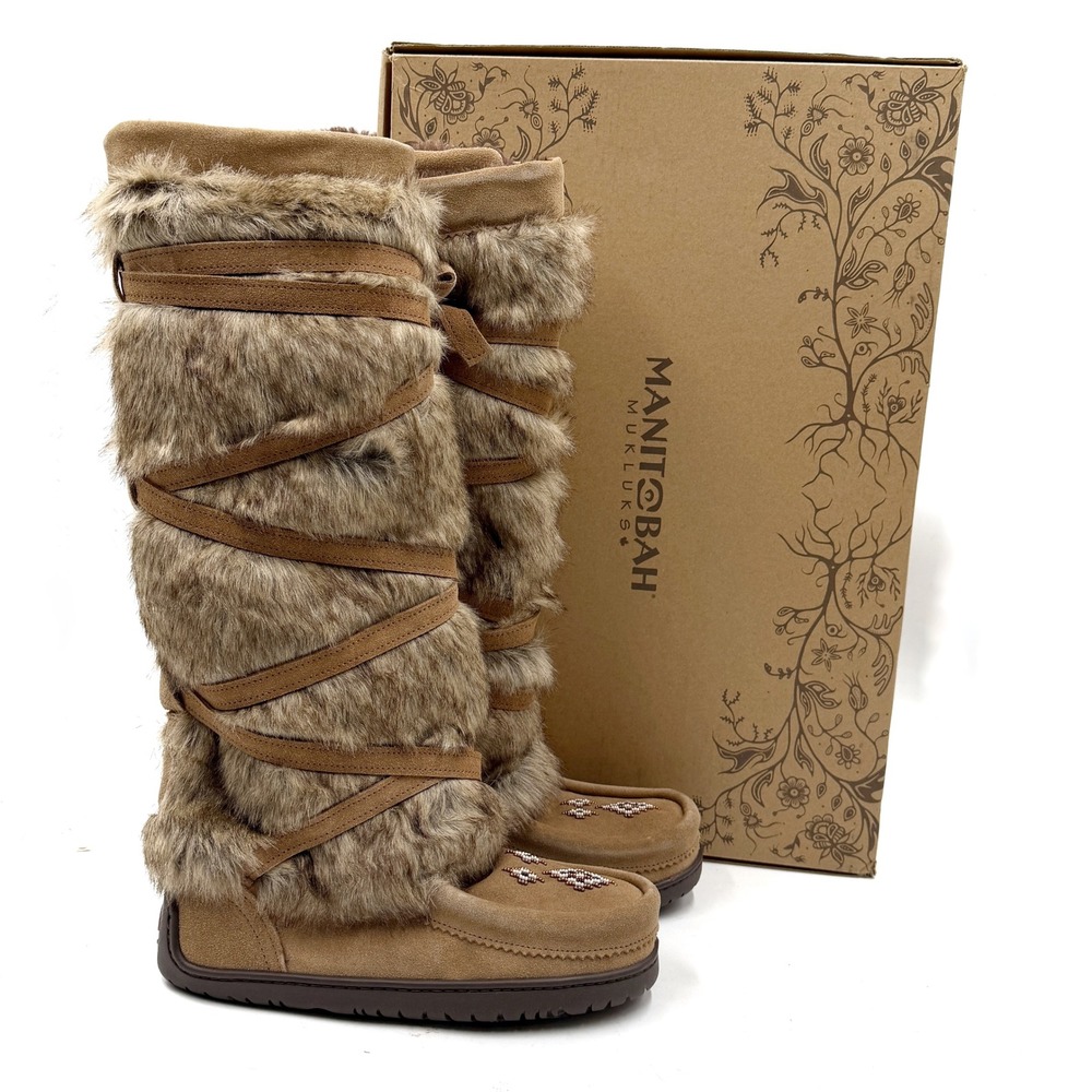 Manitobah Tall Wrap Mukluks Faux Fur Suede Boots Oak Tan Beaded Sz 8 Women's